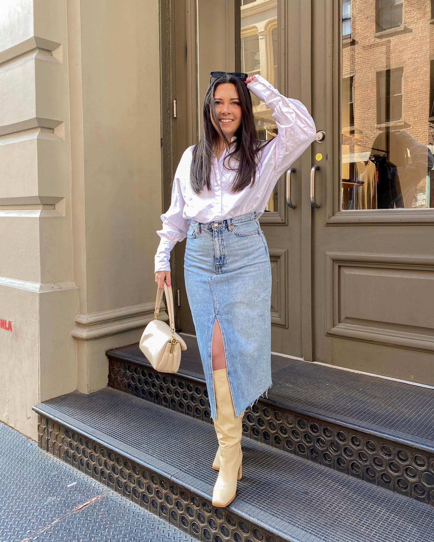 Light Wash Denim Midi with Front Slit and Cream Leather Boots