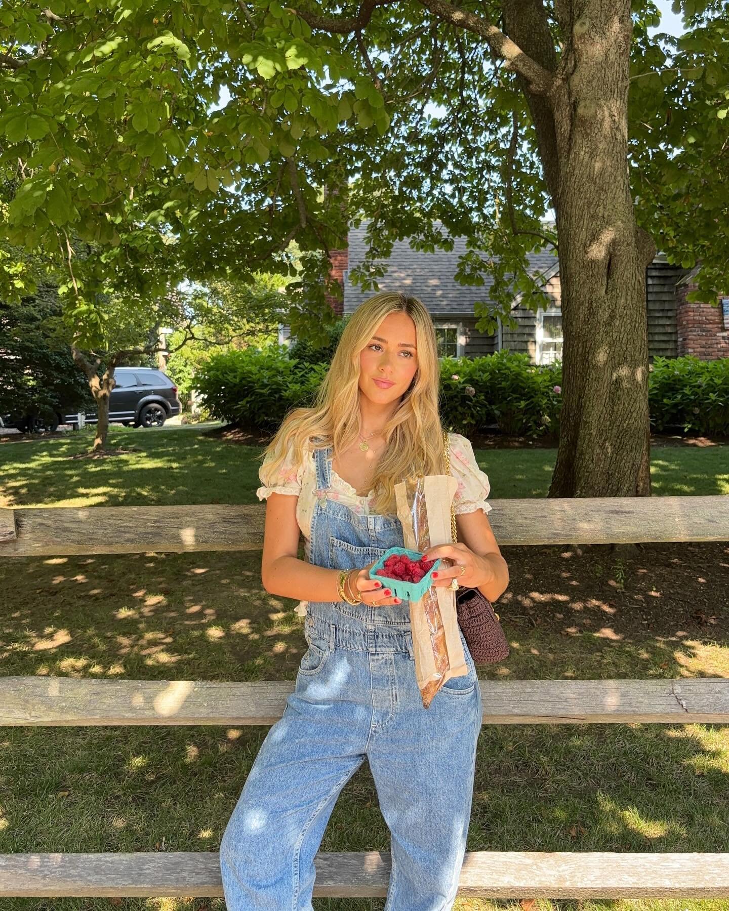 Light Wash Denim Overalls with Floral Puffed Sleeves