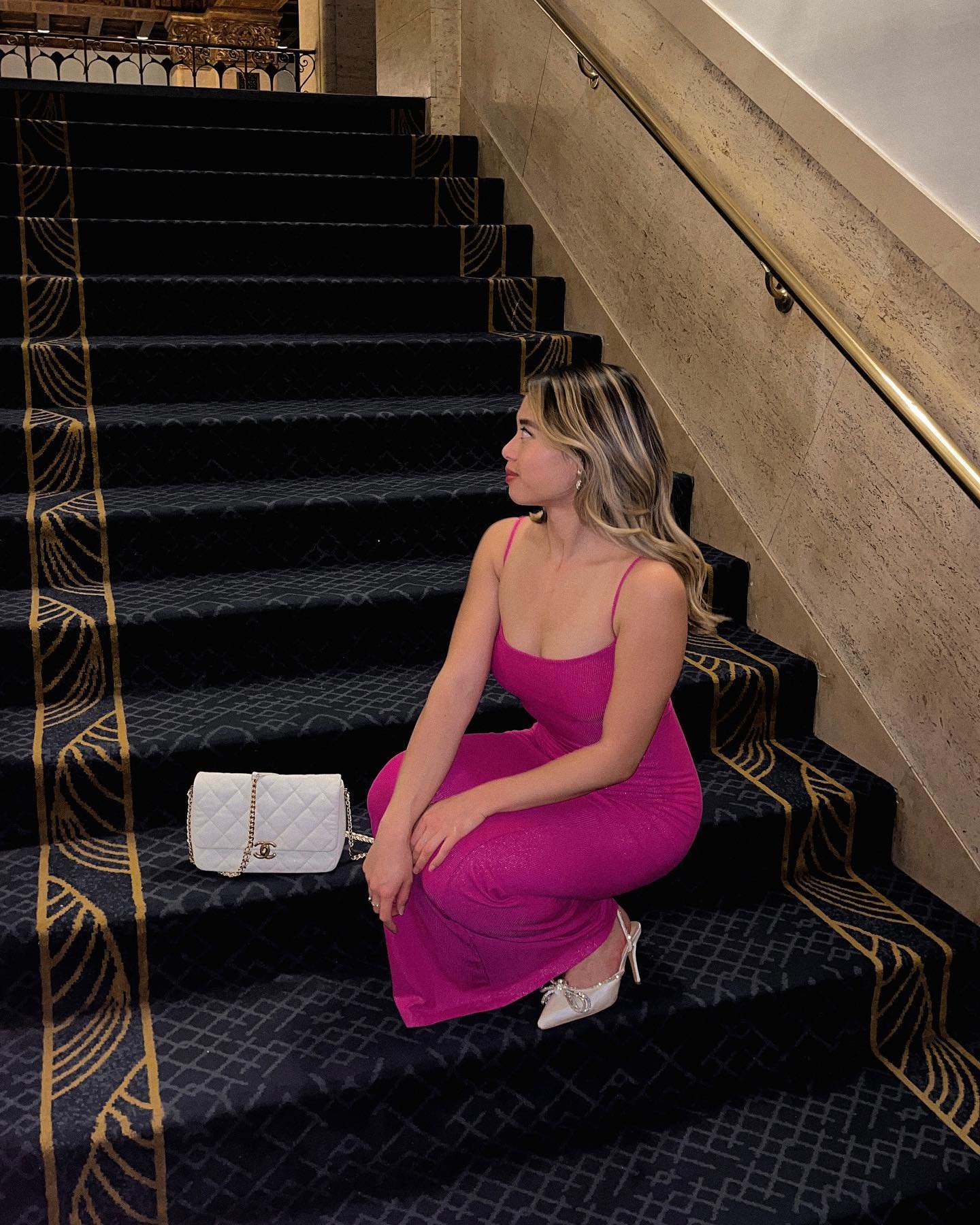 Magenta Column Dress with White Quilted Bag