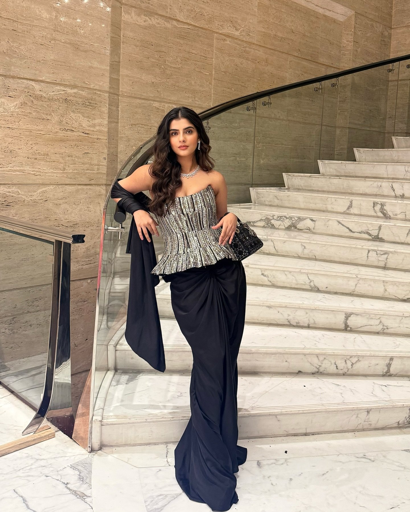 Metallic Peplum Bustier with Draped Black Maxi Skirt