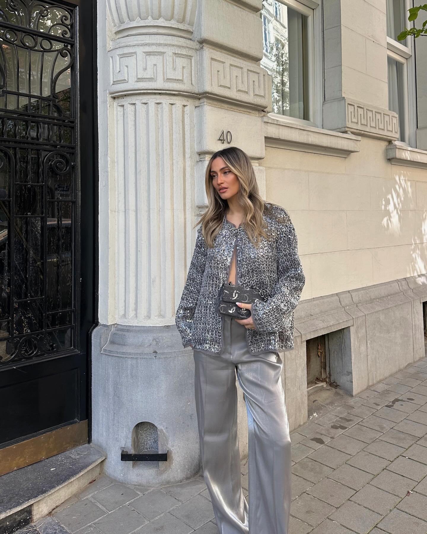 Metallic Sequin Jacket with Silver Satin Trousers