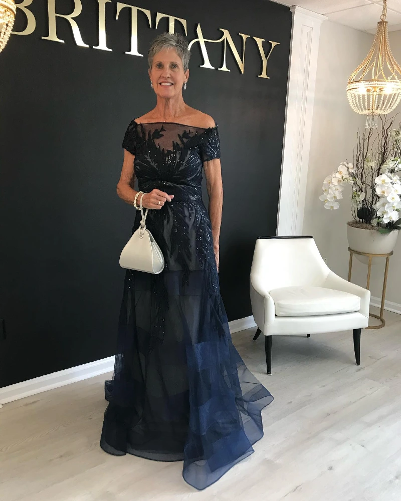 Midnight Blue Off-Shoulder Gown with Tulle Tiering
