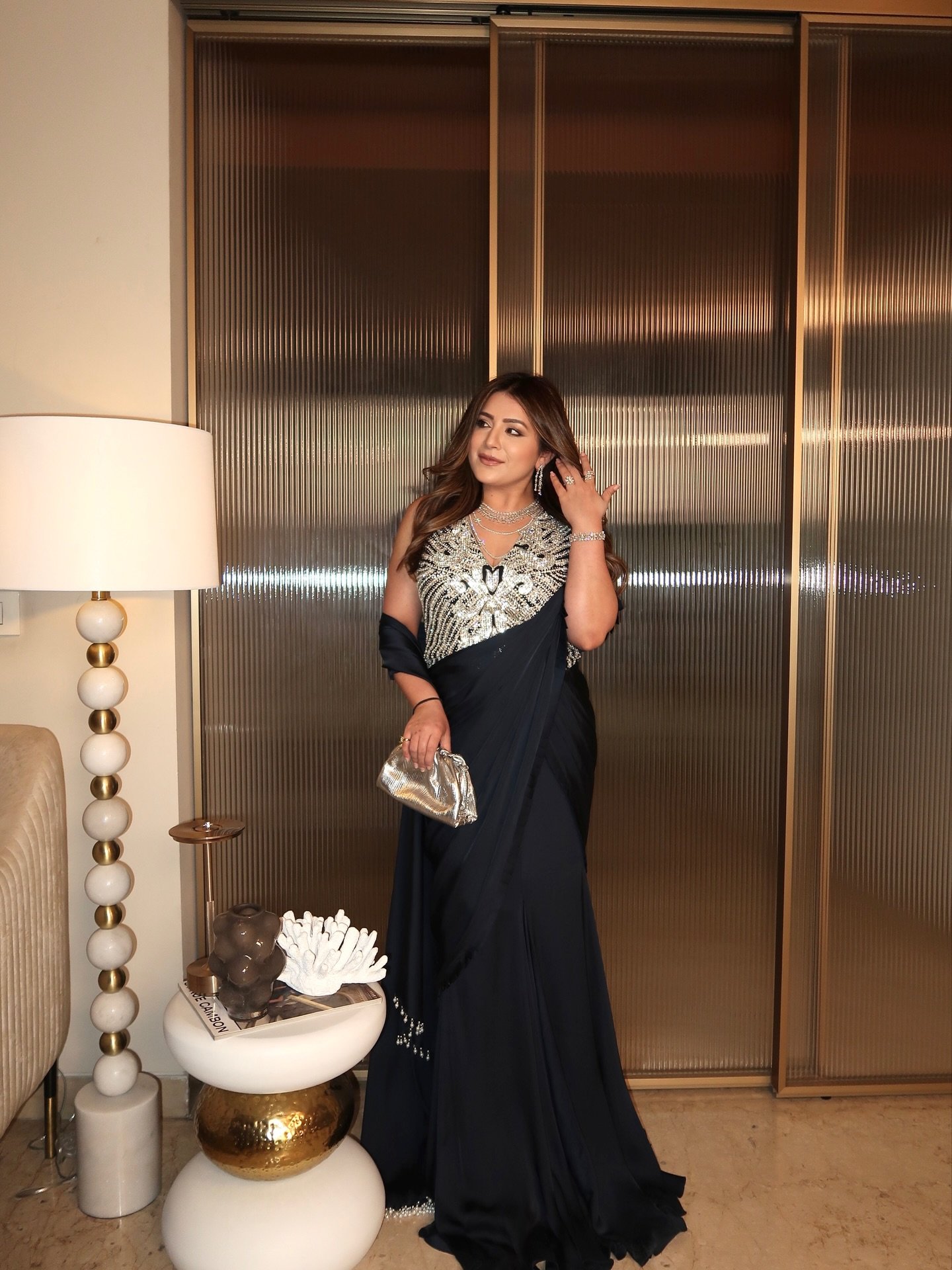 Midnight Navy Embellished Gown with Metallic Accents