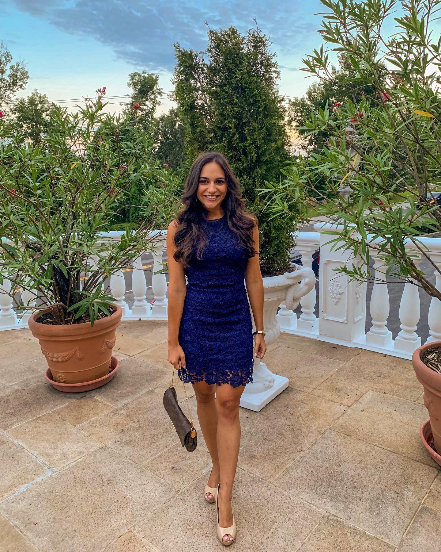 Navy Blue Crochet Lace Shift Dress with Nude Peep-Toe Heels