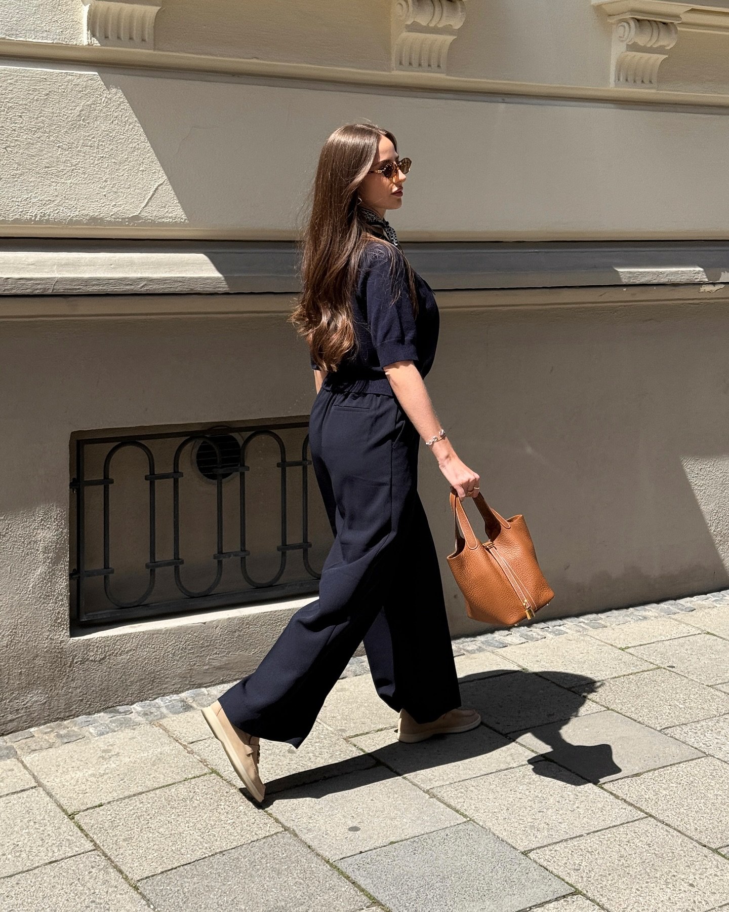 Navy Co-Ord Set with Structured Camel Leather Bucket Bag
