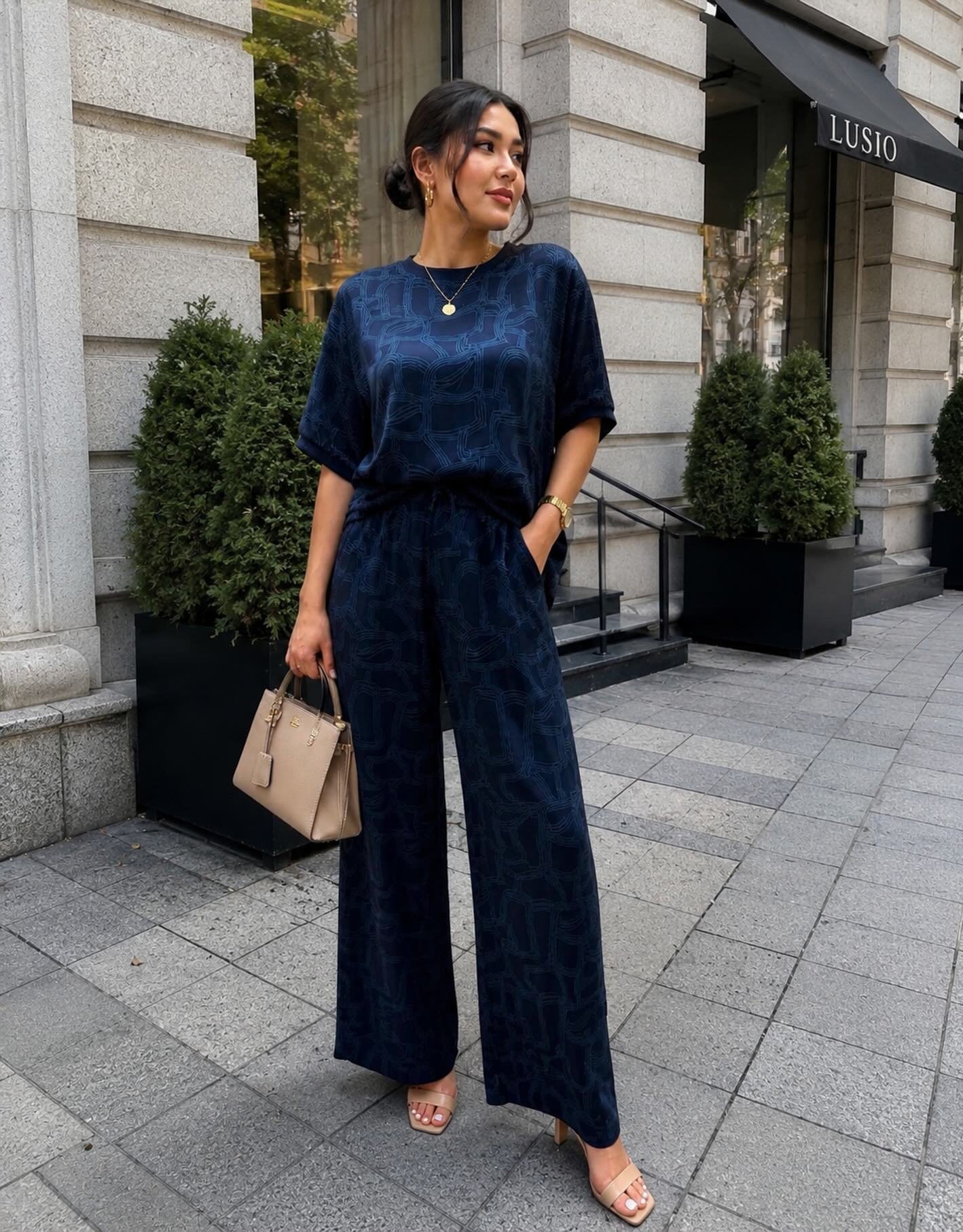 Navy Geometric Two-Piece Set with Nude Accessories