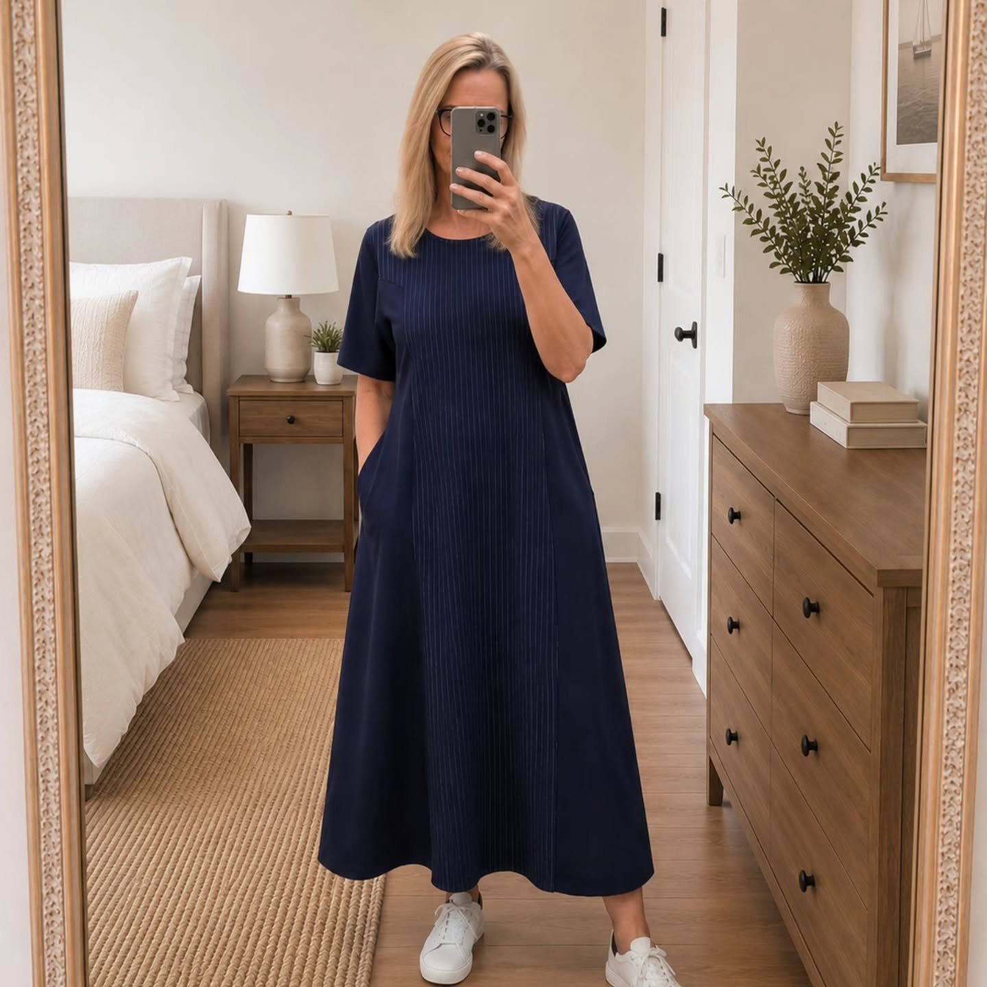 Navy Pinstripe Midi Dress with Crisp White Sneakers