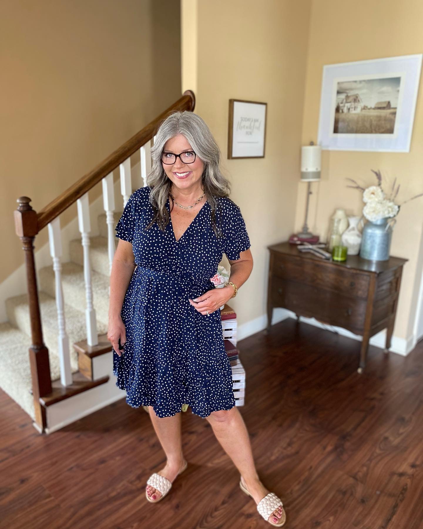 Navy Polka-Dot Wrap Dress with Braided Slides