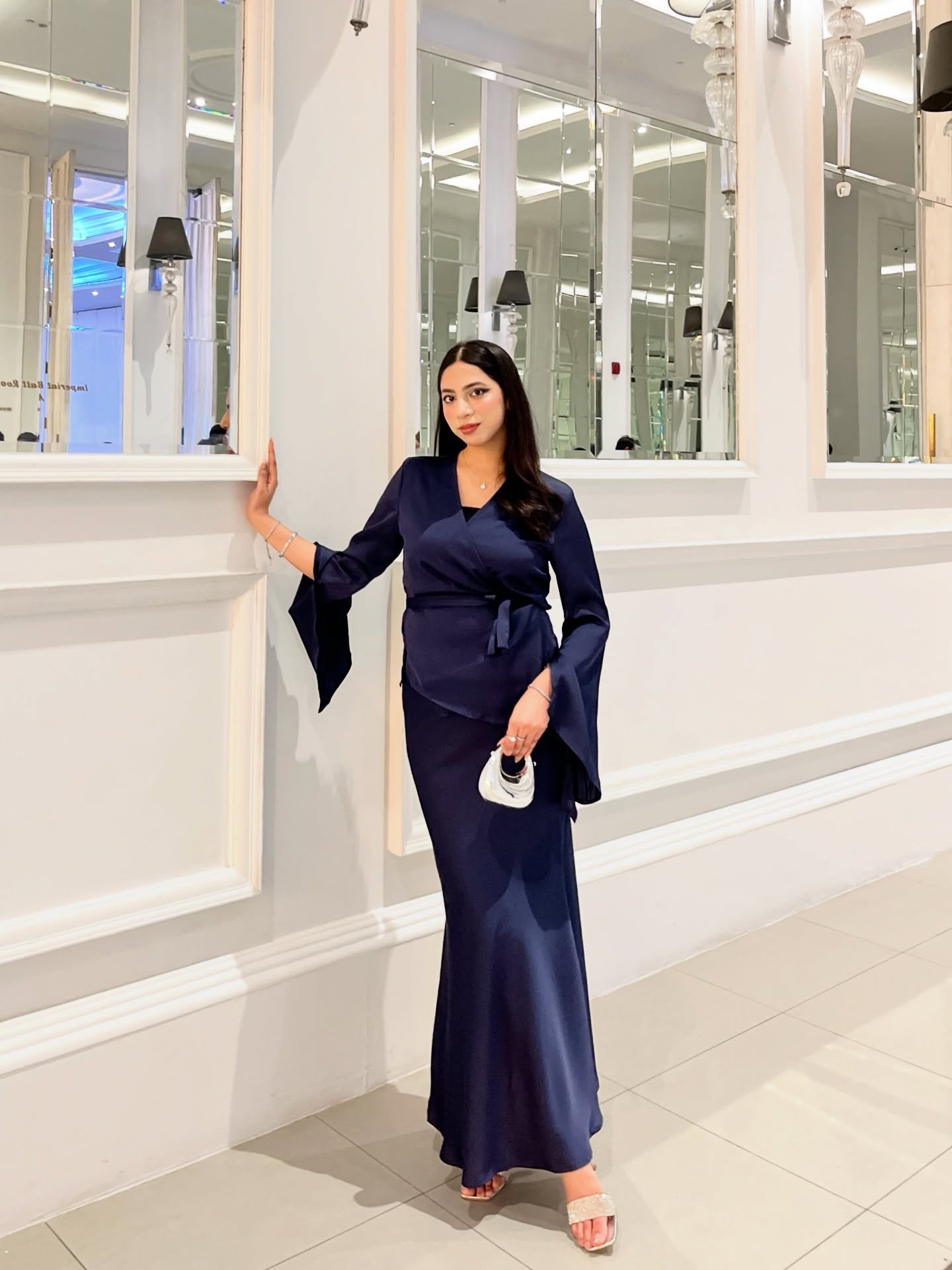 Navy Satin Wrap Blouse and Floor-Length Skirt