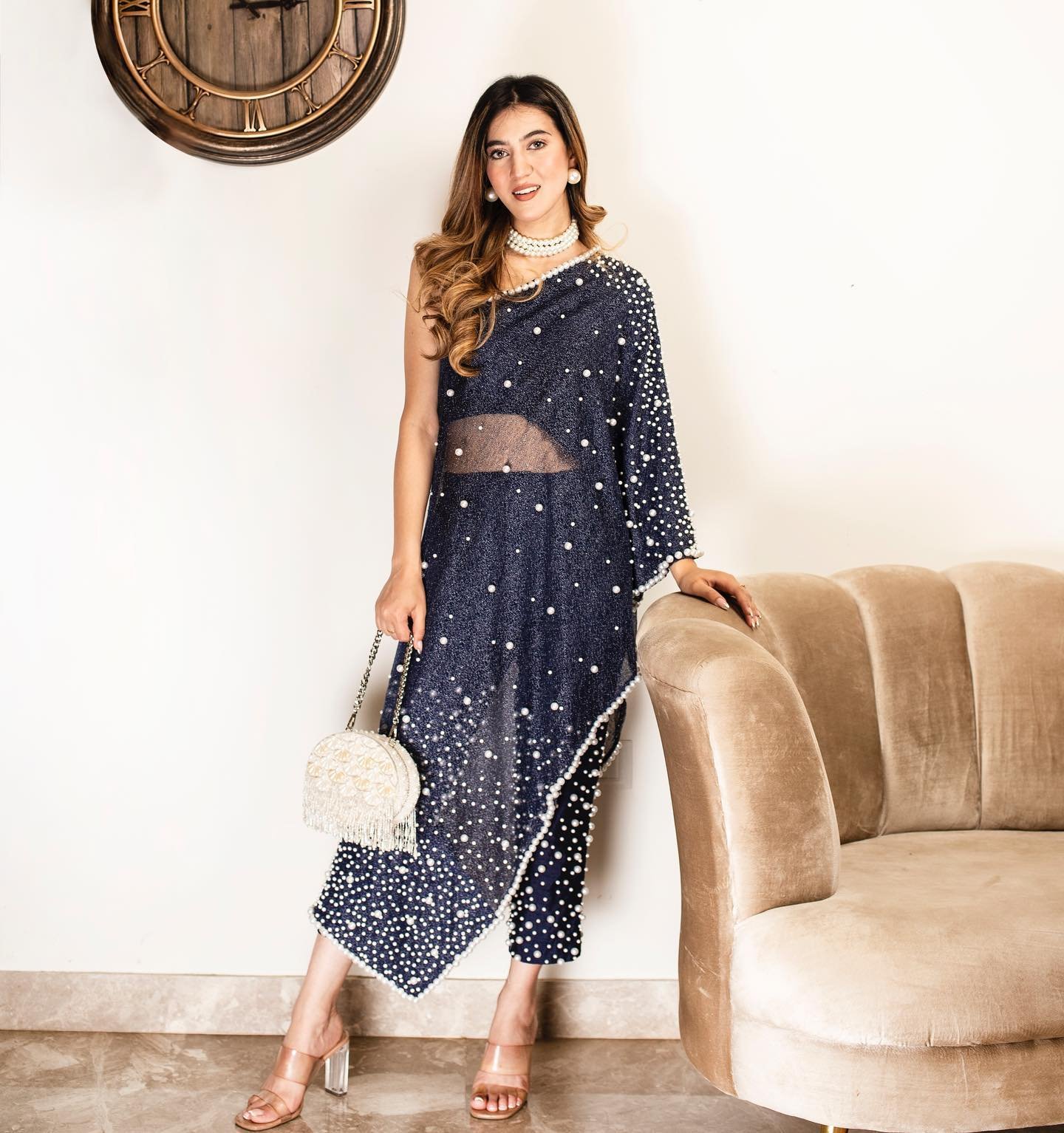 Navy Shimmering One-Shoulder Tunic with Pearl Embellishment