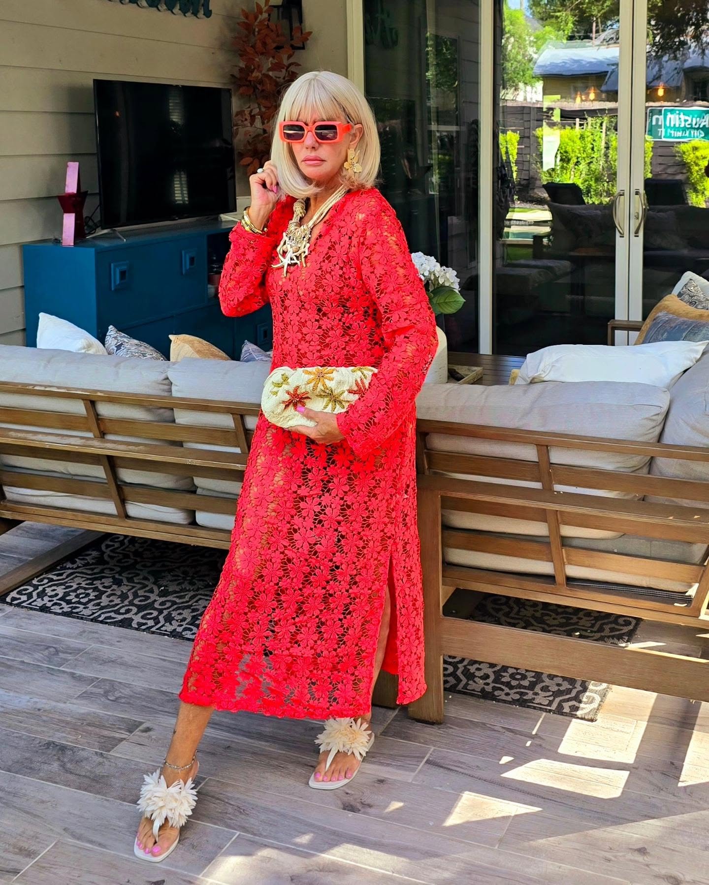 Neon Orange Lace Maxi Dress with Starfish Necklace and Floral Sandals