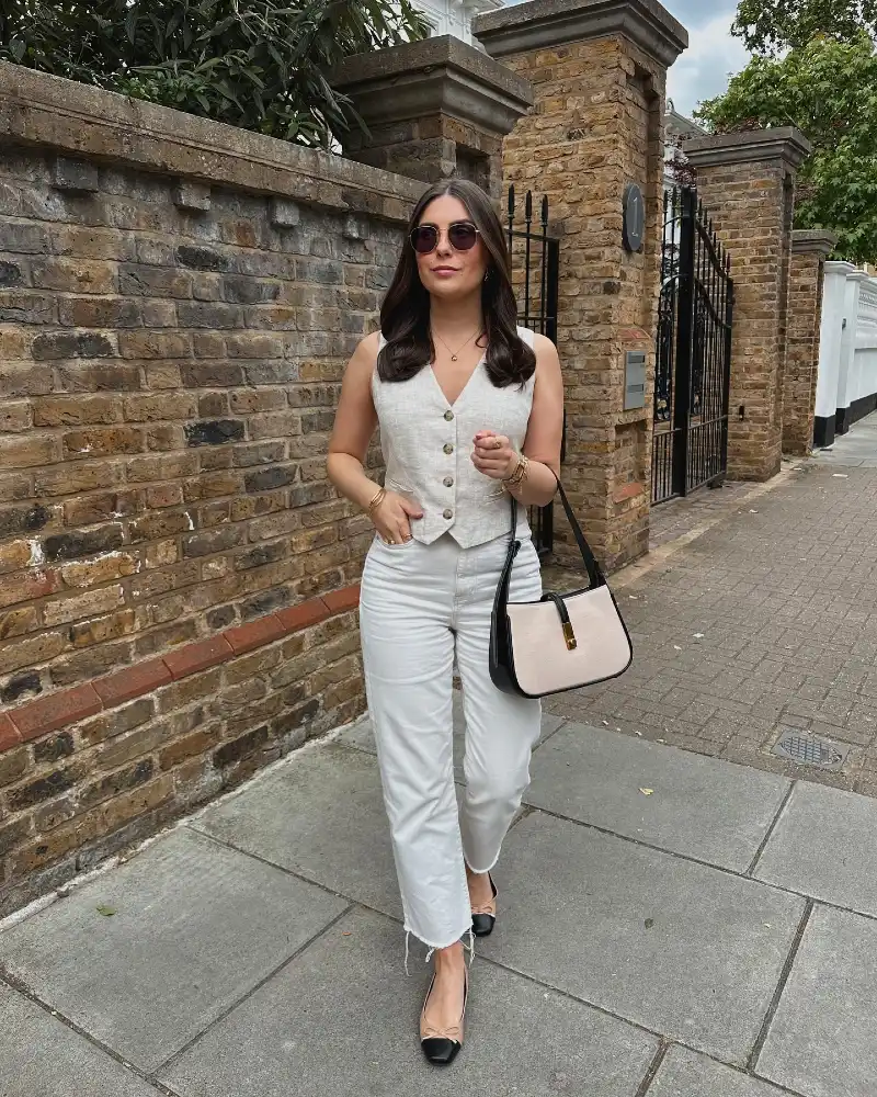 Oatmeal Linen Waistcoat with Off-White Straight-Leg Trousers and Two-Tone Ballet Flats