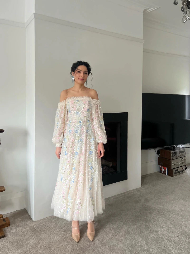Off-The-Shoulder Embellished Tulle Midi Dress with Pastel Florals