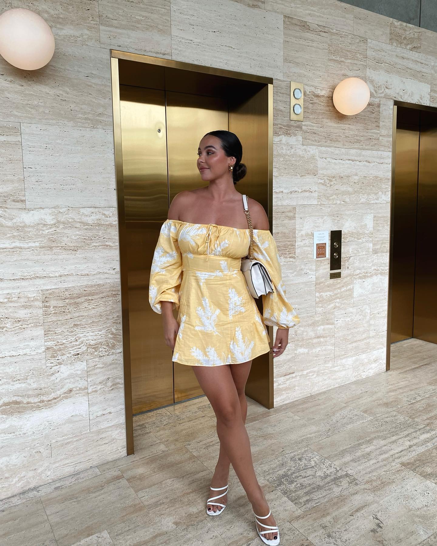 Off-the-Shoulder Yellow Print Mini Dress with White Strappy Sandals