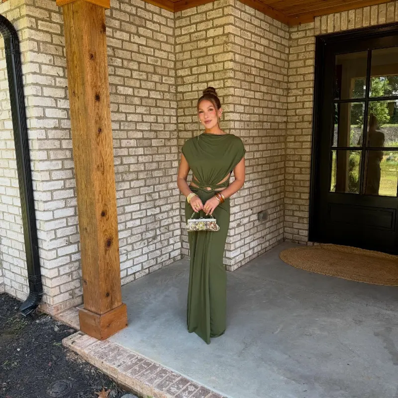 Olive Green Cut-Out Maxi Dress with Embellished Clutch