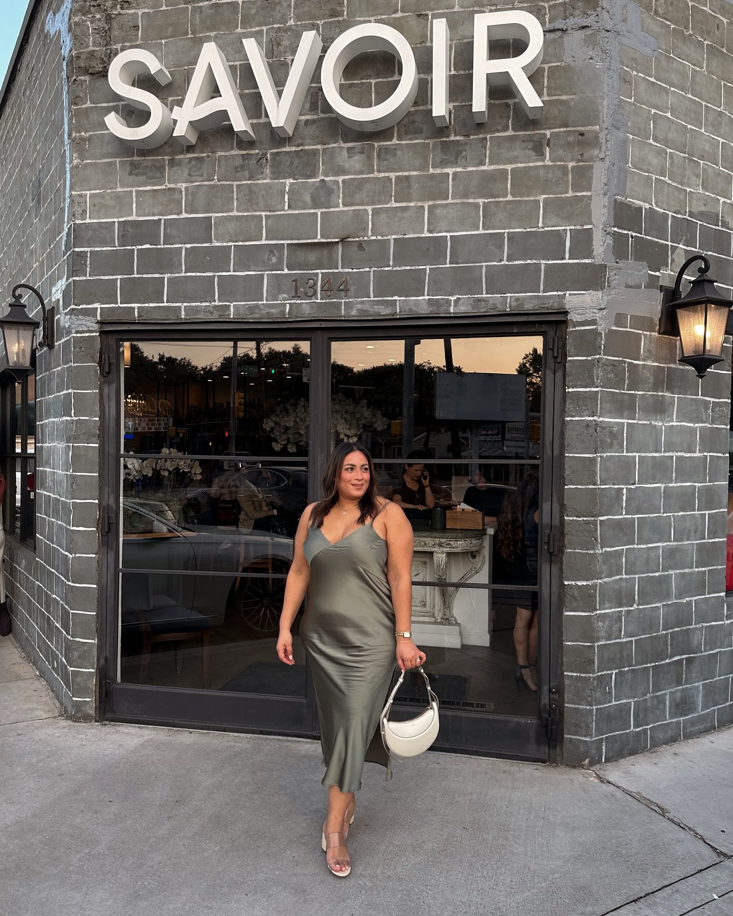 Olive Satin Slip Dress with Minimalist Clutch