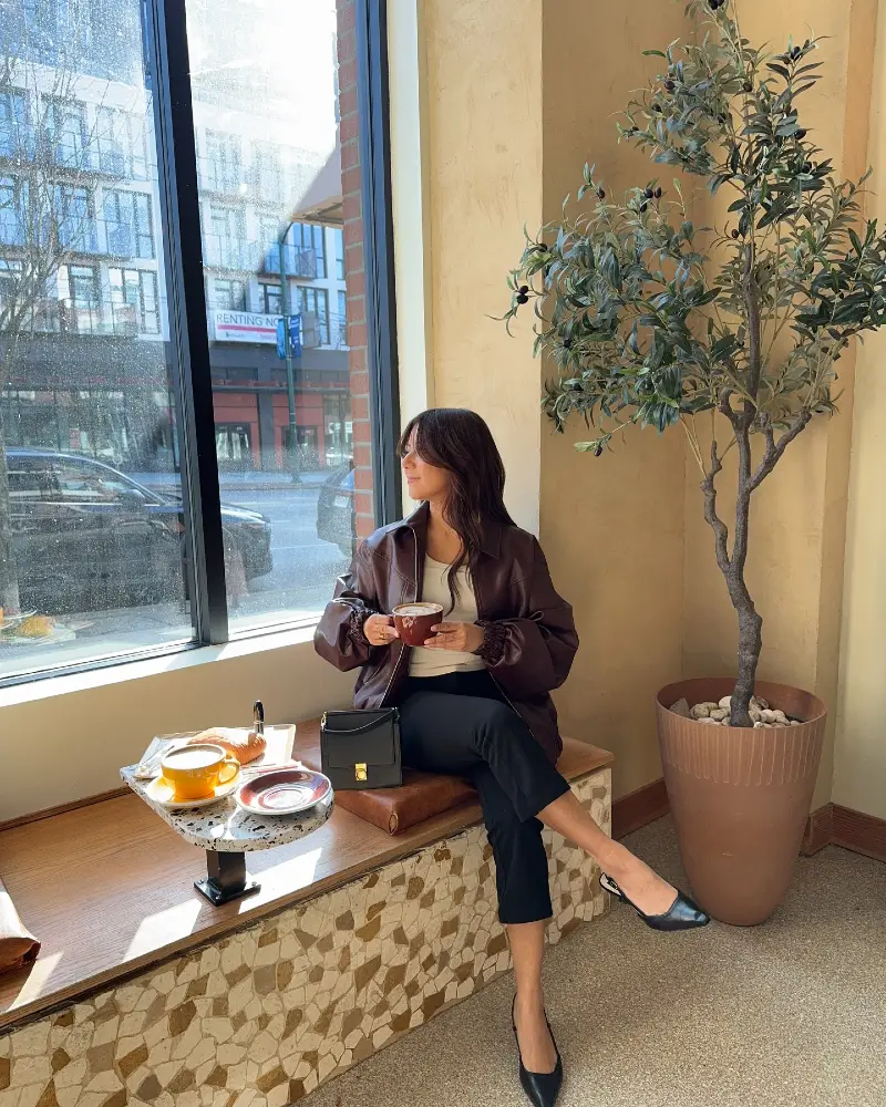 Oversized Brown Leather Bomber with Cropped Black Trousers and Slingback Heels