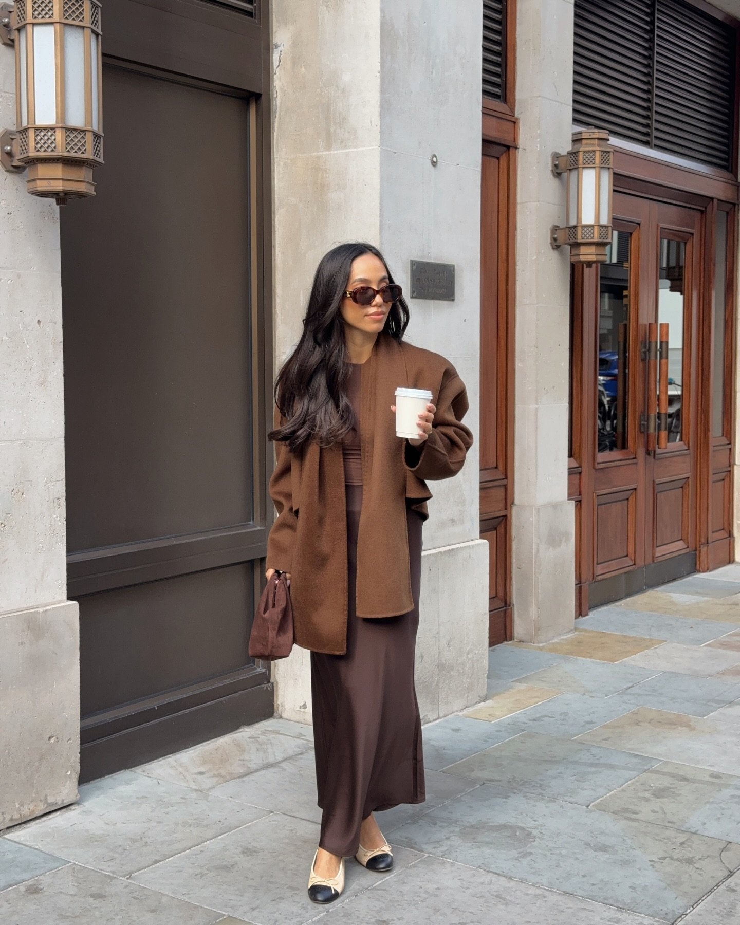 Oversized Chestnut Wool Coat with Espresso Satin Maxi Skirt and Cap-Toe Flats