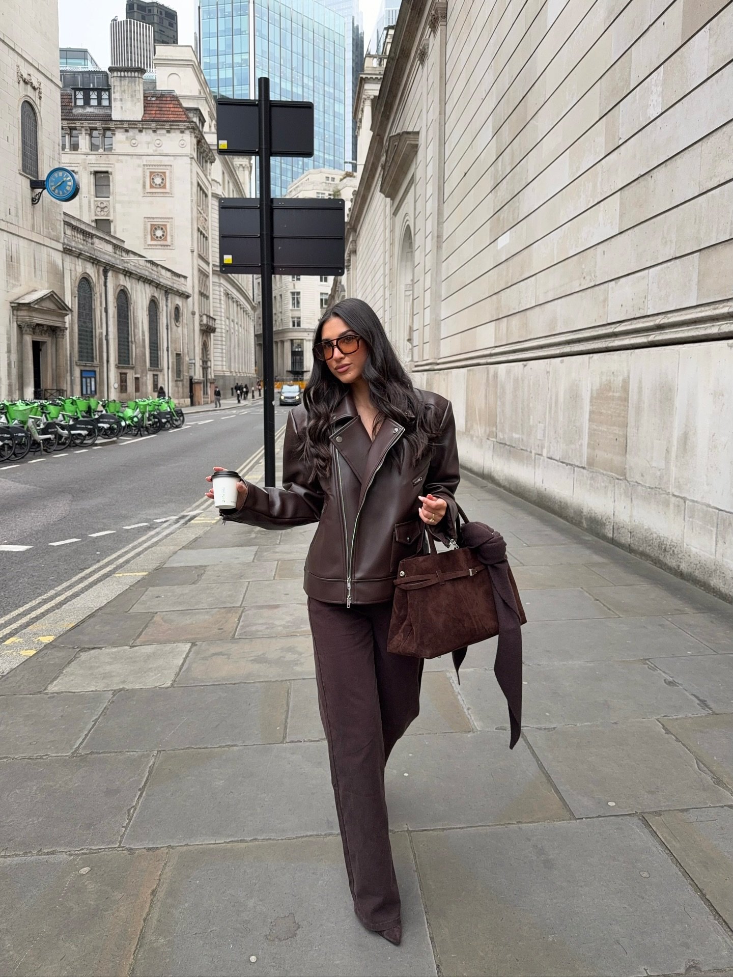 Oversized Leather Biker Jacket with Straight-Leg Trousers and Suede Carry-All