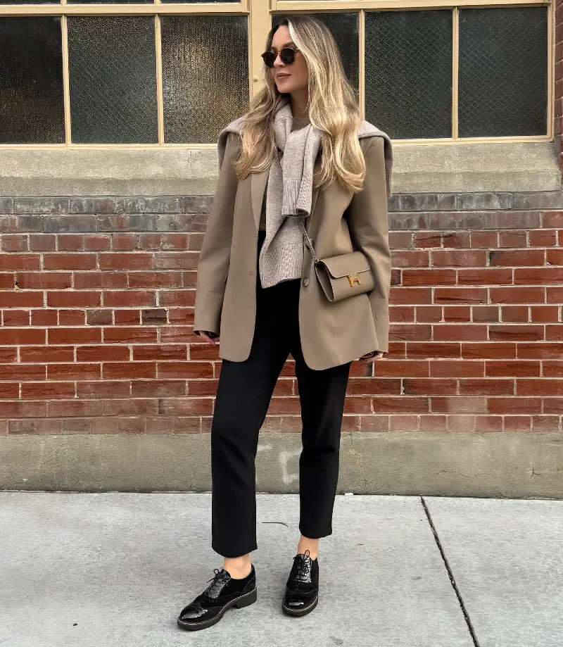 Oversized Taupe Blazer with Black Tailored Trousers