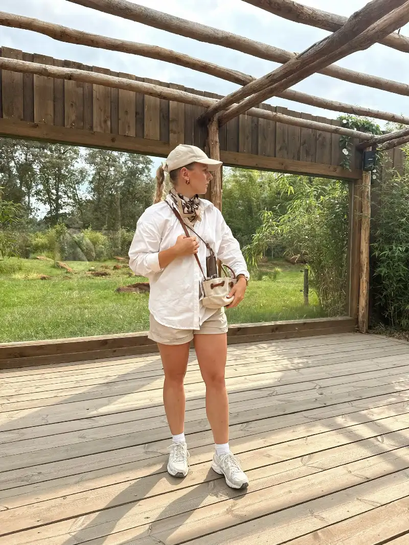 Oversized White Button-Down Shirt with Khaki Shorts and Crossbody Mini Bag