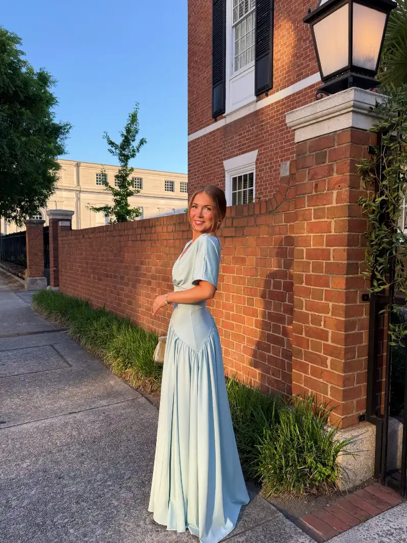 Pale Blue Satin Maxi Dress with Dropped Waist Detail