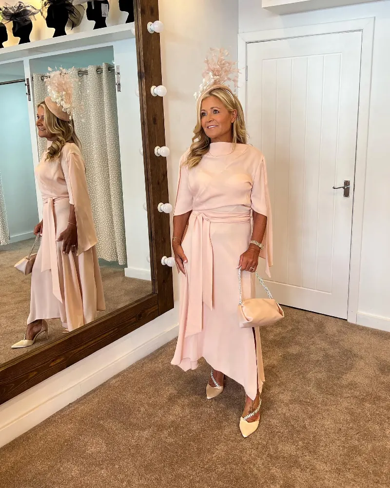 Pale Blush Midi Dress with Split Sleeves and Wrap-Style Waist