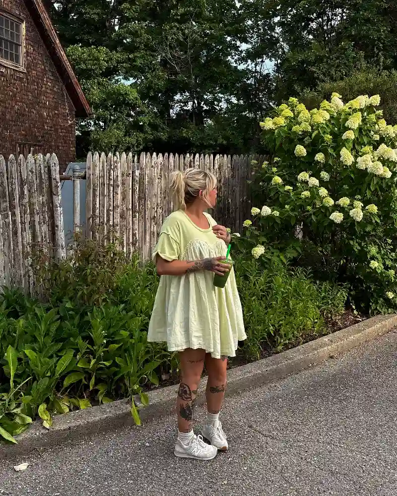 Pale Lime Green Babydoll Mini Dress with White Sneakers and Crew Socks
