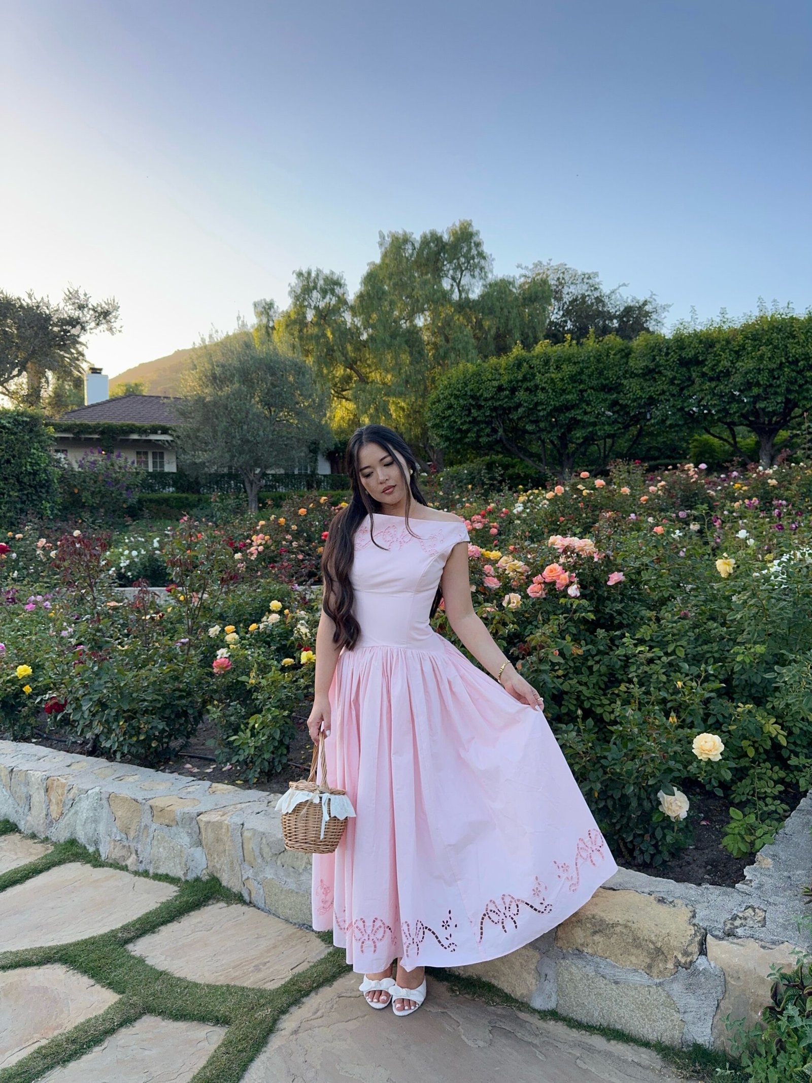 Pale Pink Off-Shoulder Midi Dress with Laser-Cut Details