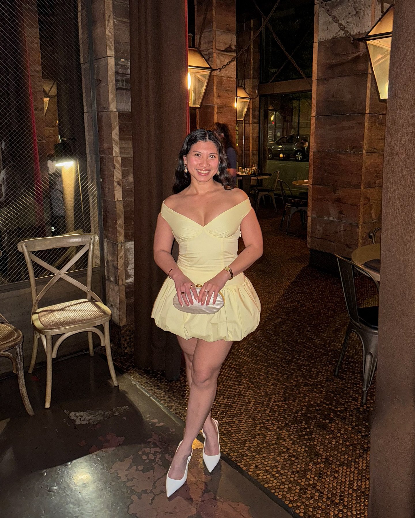 Pale Yellow Bubble Skirt Mini Dress with White Pointed Pumps