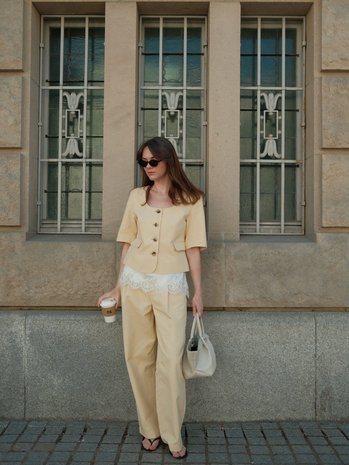 Pale Yellow Co-ord Set with Delicate Lace Hem and Structured Tote