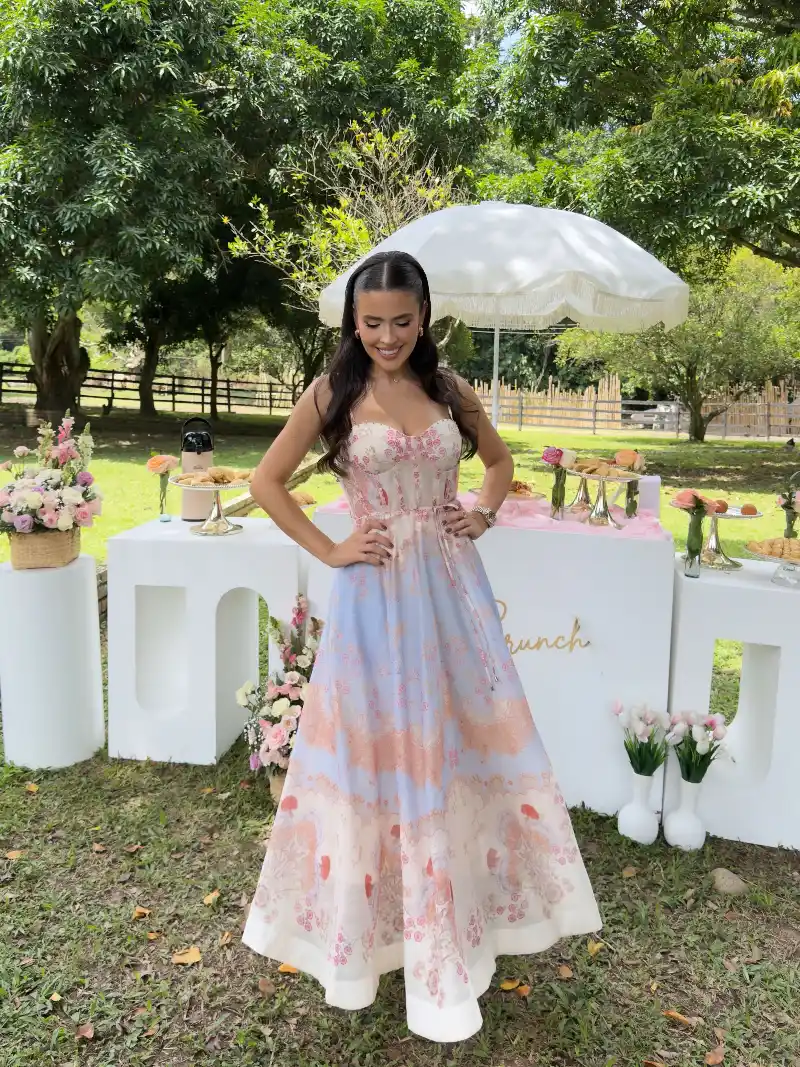 Pastel Corset Maxi Dress with Soft Floral Border and Tiered Hem