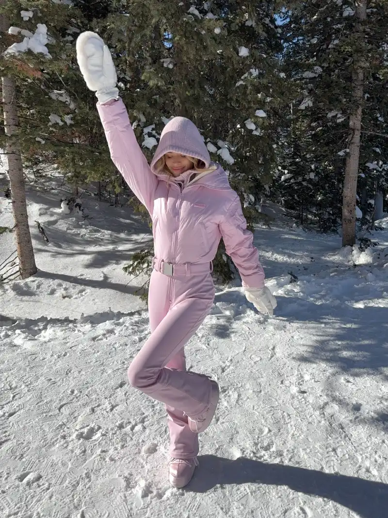 Pastel Pink Ski Suit with Hood, White Mittens, and Matching Pink Boots