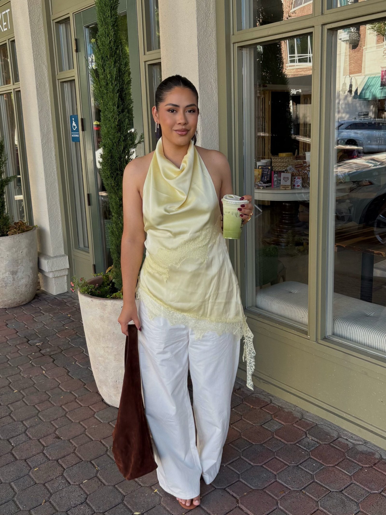 Pastel Satin Cowl-Neck Top with White Wide-Leg Trousers