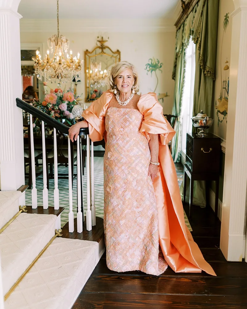 Peach Brocade Gown with Oversized Statement Sleeves