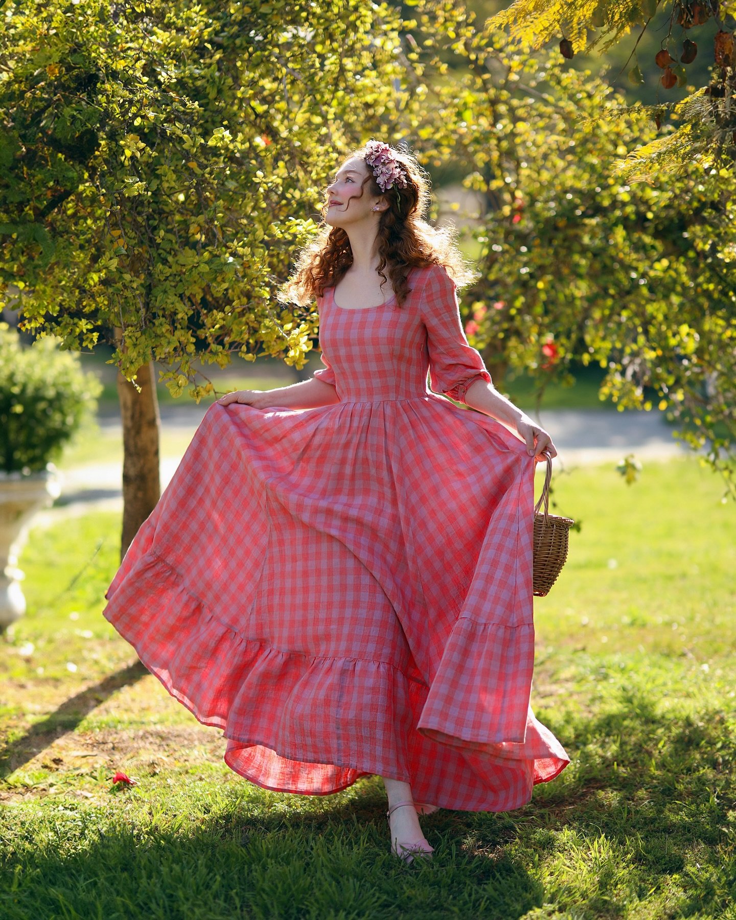 Pink Gingham Maxi Dress with Woven Basket and Floral Crown