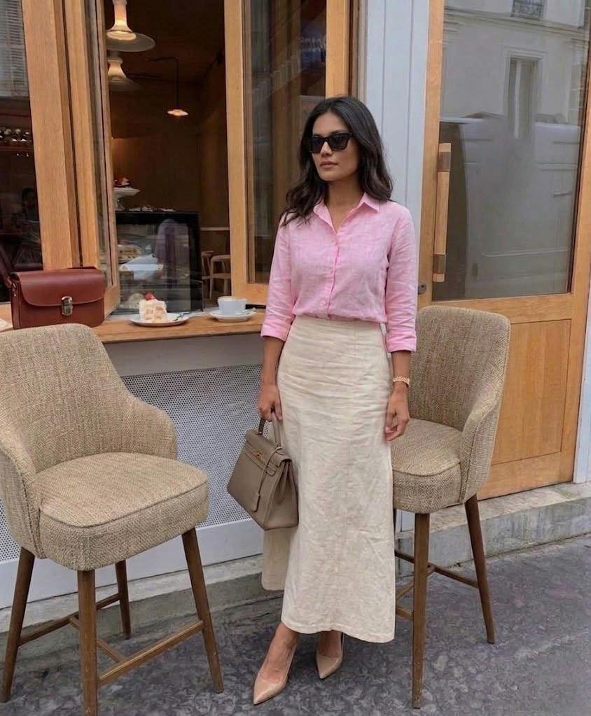 Pink Linen Button-Down Shirt with Cream Straight Skirt and Structured Taupe Bag