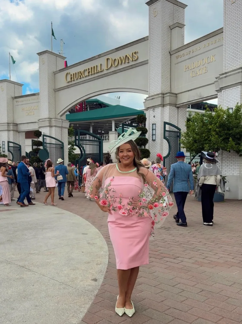 Pink Sheath Dress with Embroidered Organza Capelet and Mint Fascinator