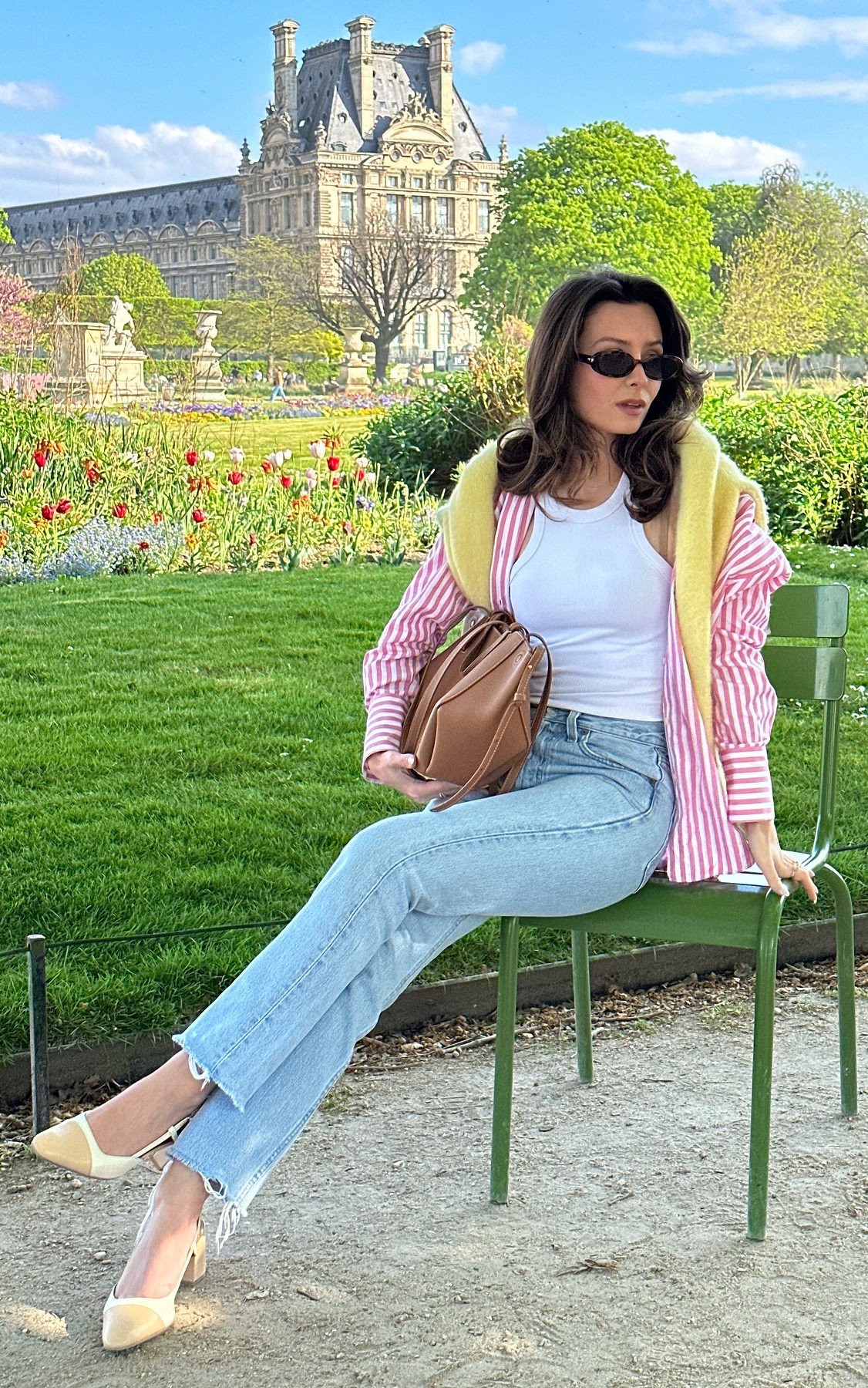 Pink Striped Button-Down with Light Wash Denim and Yellow Knit Layer