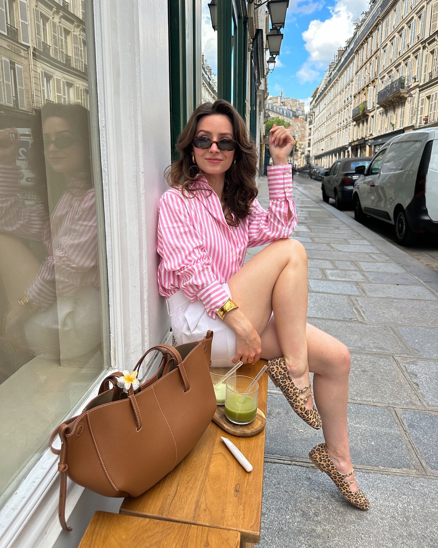 Pink-and-White Striped Button-Down with White Shorts and Leopard Flats