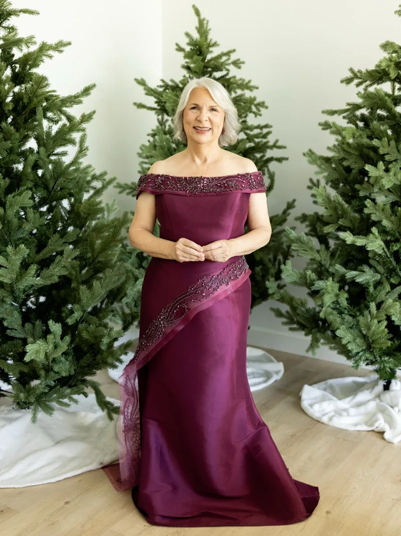 Plum Off-Shoulder Gown with Beaded Diagonal Trim