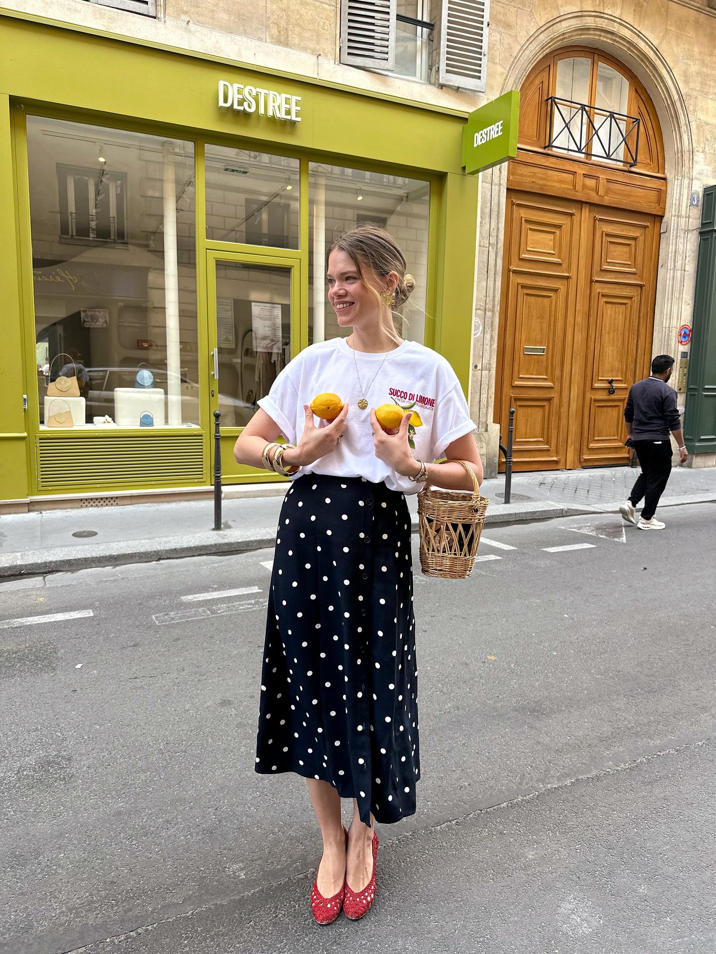 Polka Dot Button-Up Midi with Rolled graphic Tee and Woven Basket