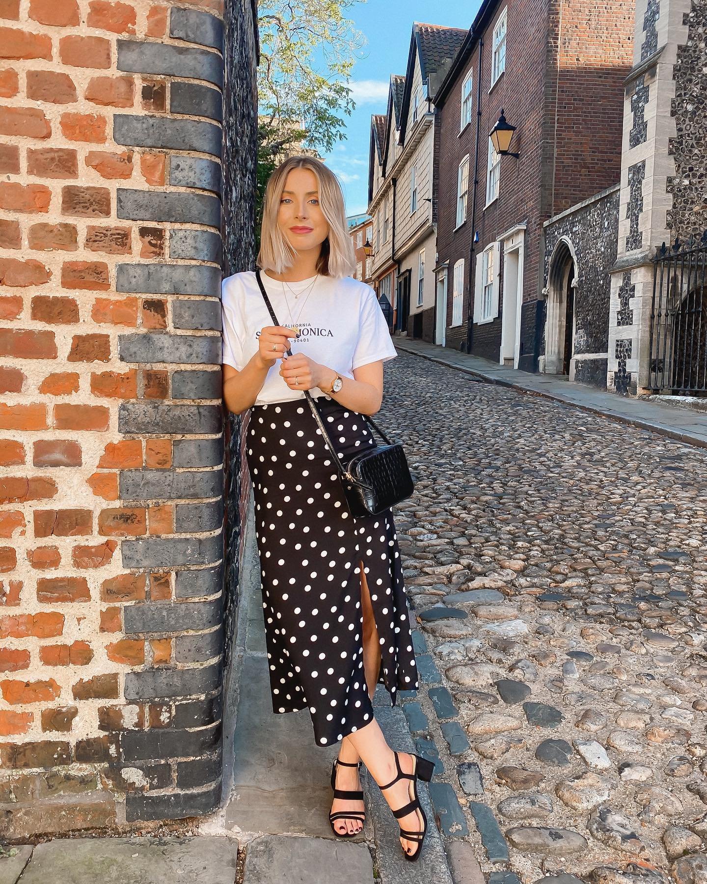 Polka Dot Slit Midi with Graphic Tee and Strappy Sandals
