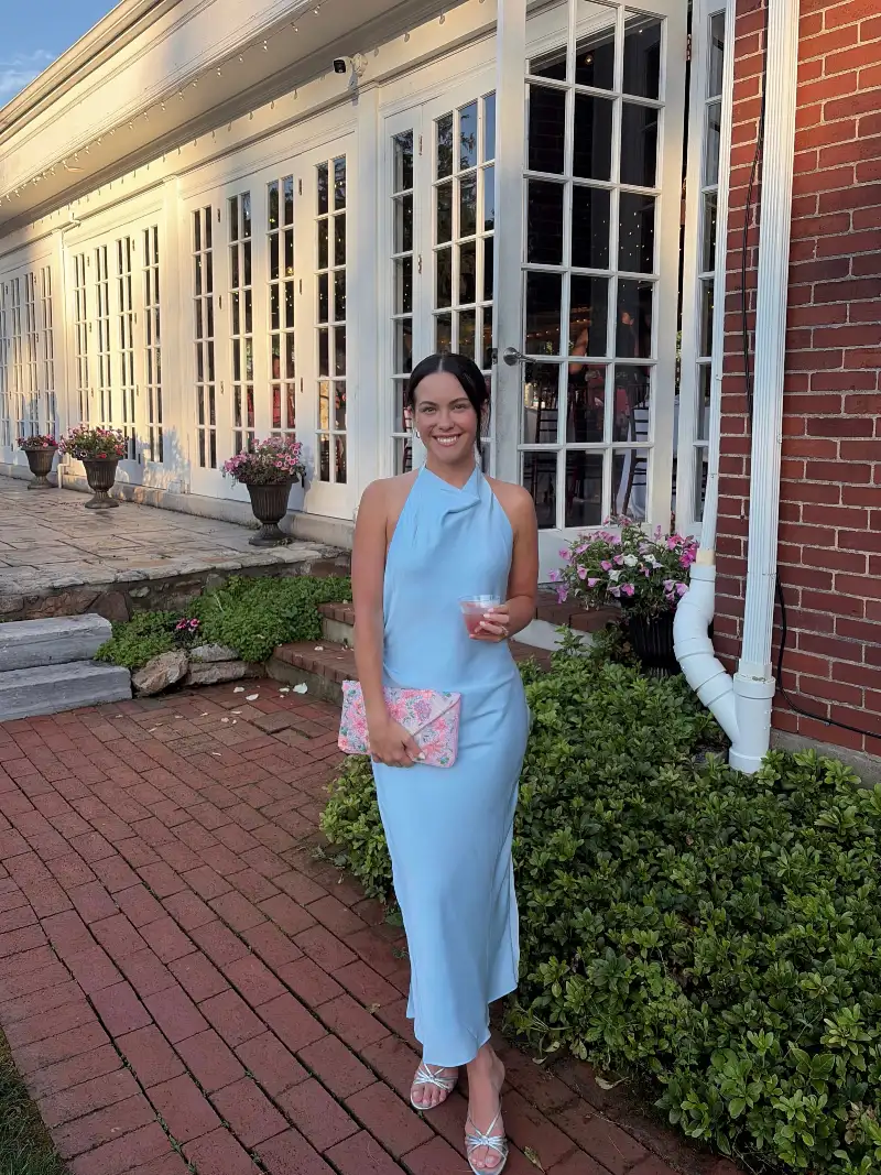 Powder Blue Halter Maxi Dress with Floral Clutch and Silver Sandals