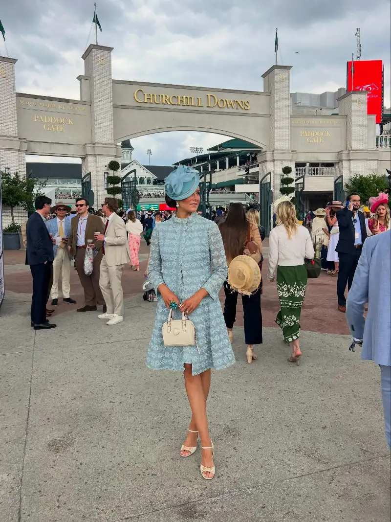 Powder Blue Lace Coat Dress with Matching Architectural Fascinator