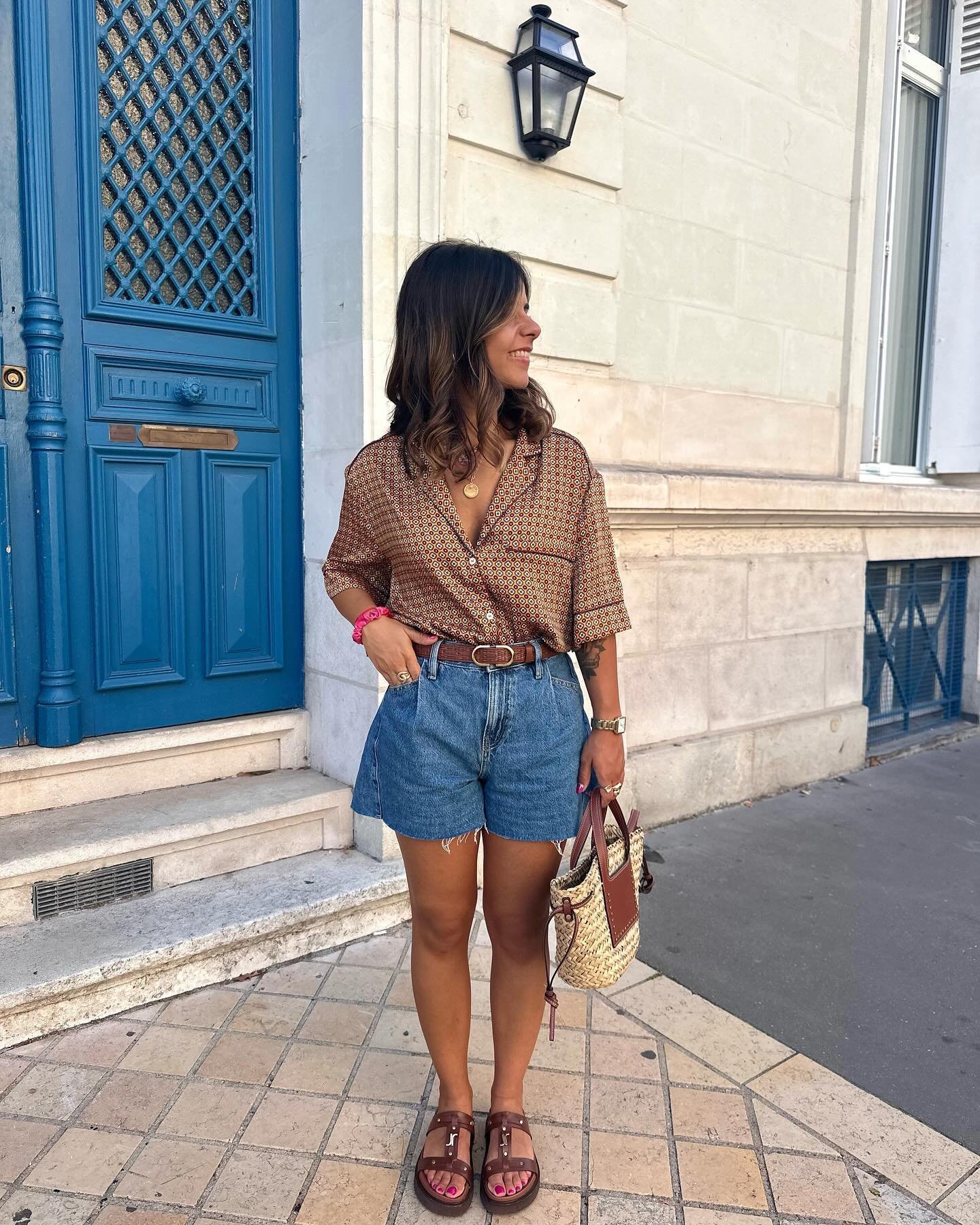 Printed Button-Up with High-Waisted Denim Shorts