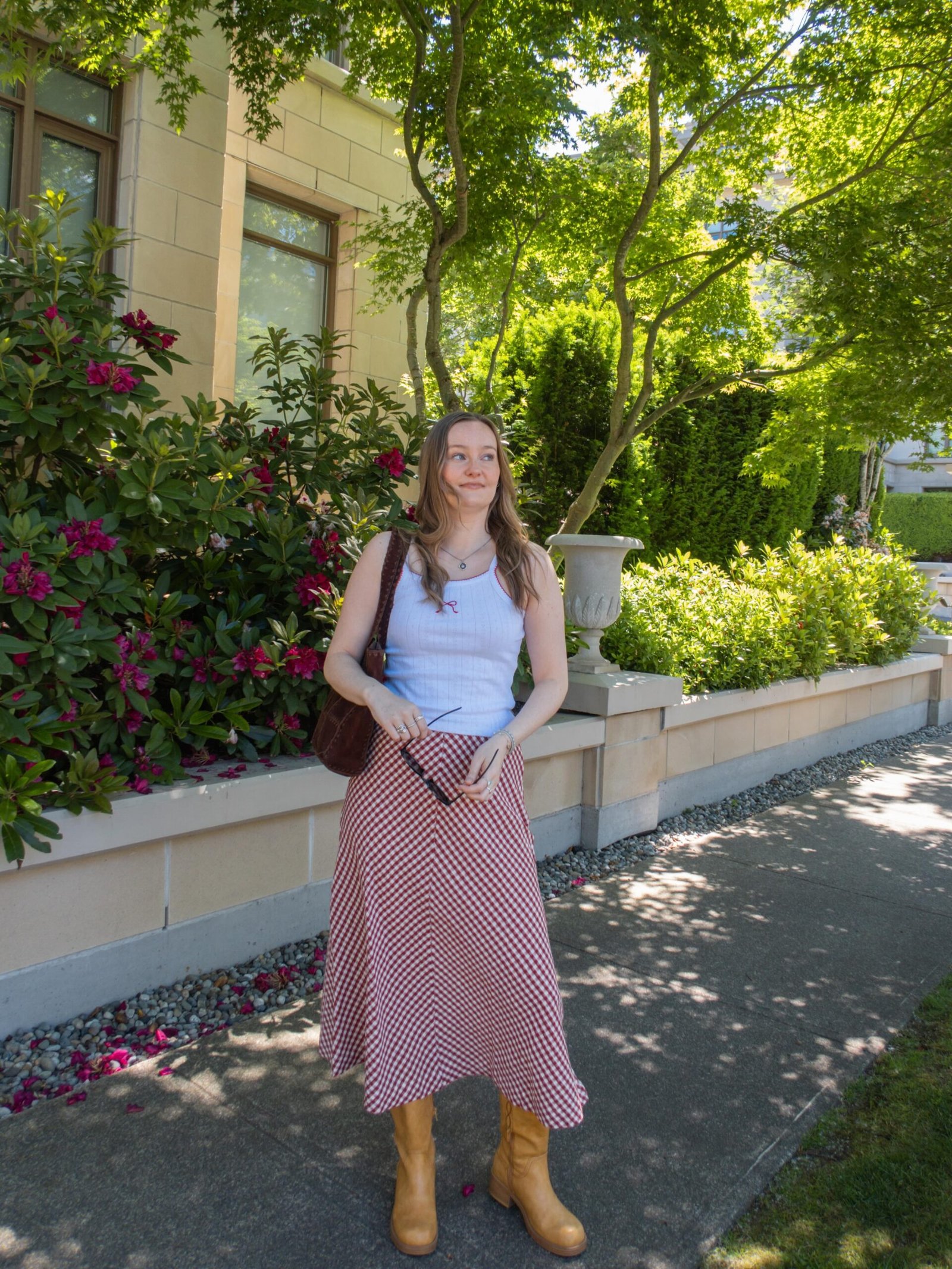 Red Gingham Midi Skirt with Ribbed Tank and Camel Leather Boots