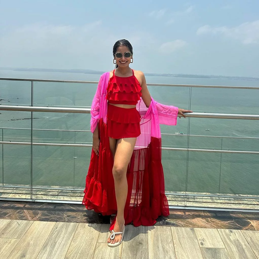 Red Ruffled Two-Piece with Sheer Pink and Red Color-Blocked Duster