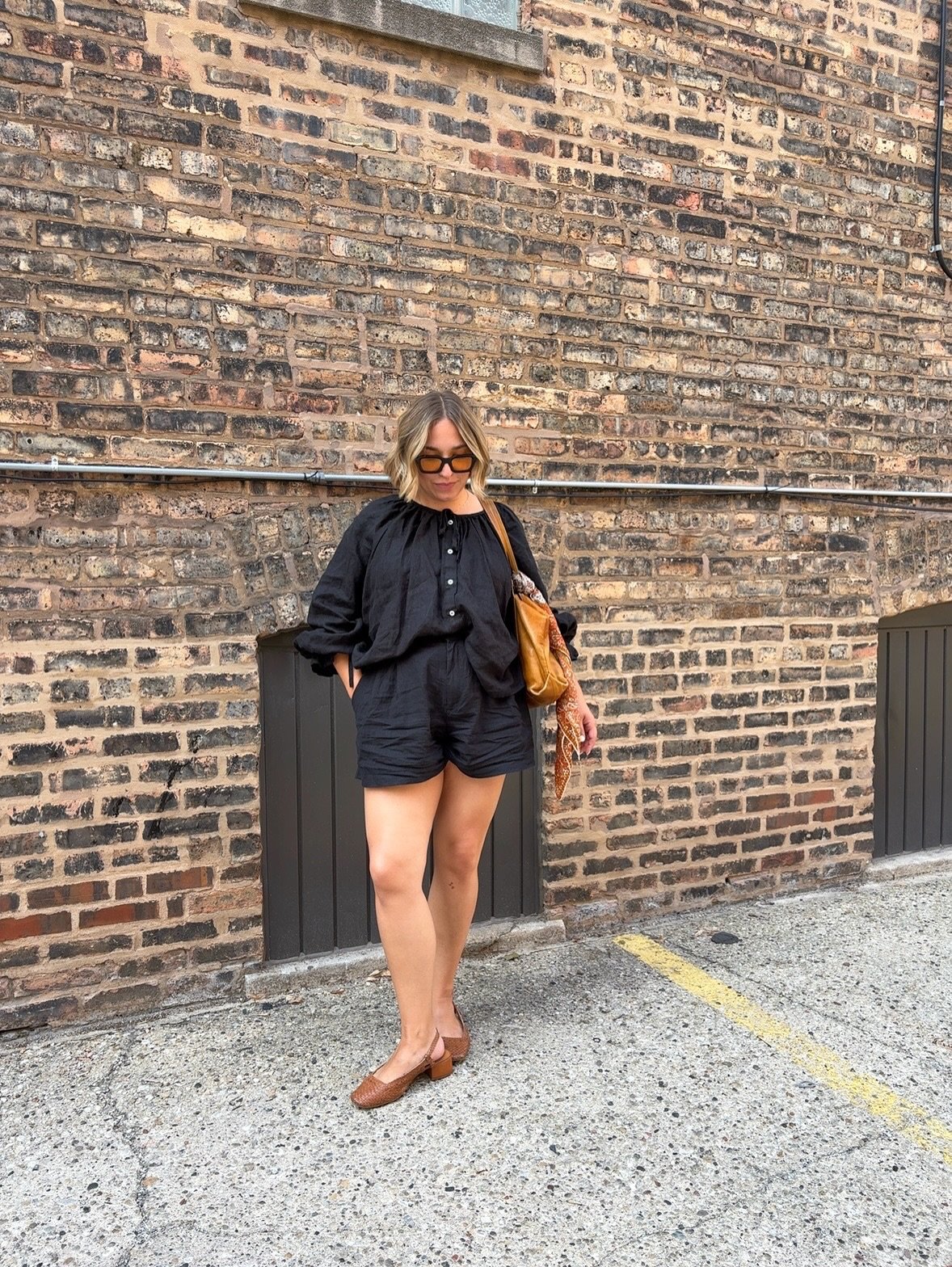 Relaxed Black Linen Blouse with Matching Shorts