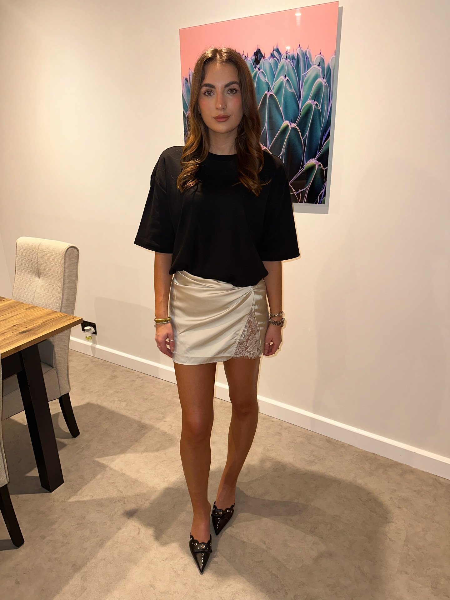 Relaxed Black Tee with Satin Lace Skirt